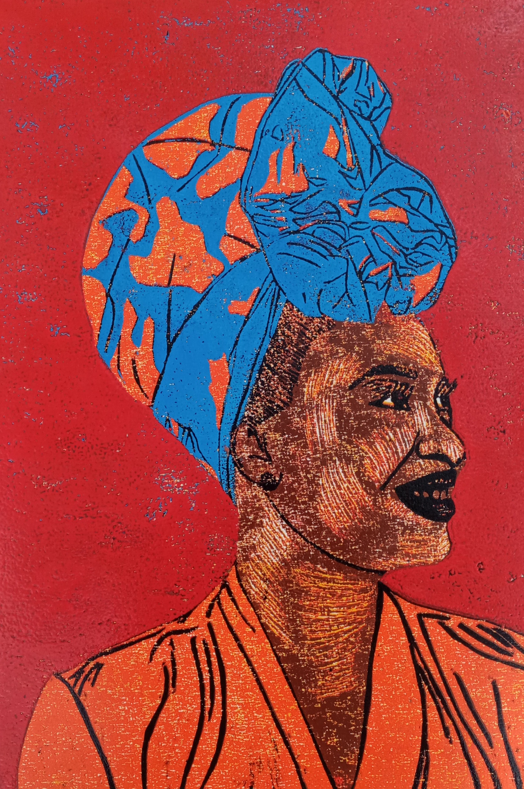 "The Crimson Smile" Women in Headwraps (Woodcut Print on Paper) + Upcycled Fridge Magnet
